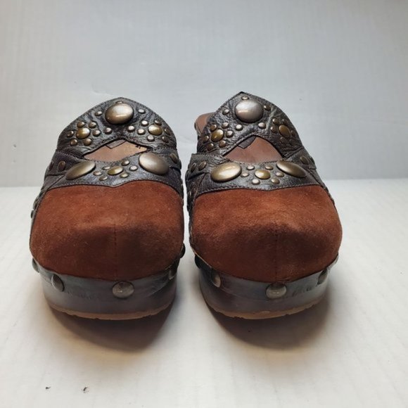 Bridget Shuster Women's Brown Suede Leather Bronze Studded Chunky Wooden Clog - Picture 13 of 16